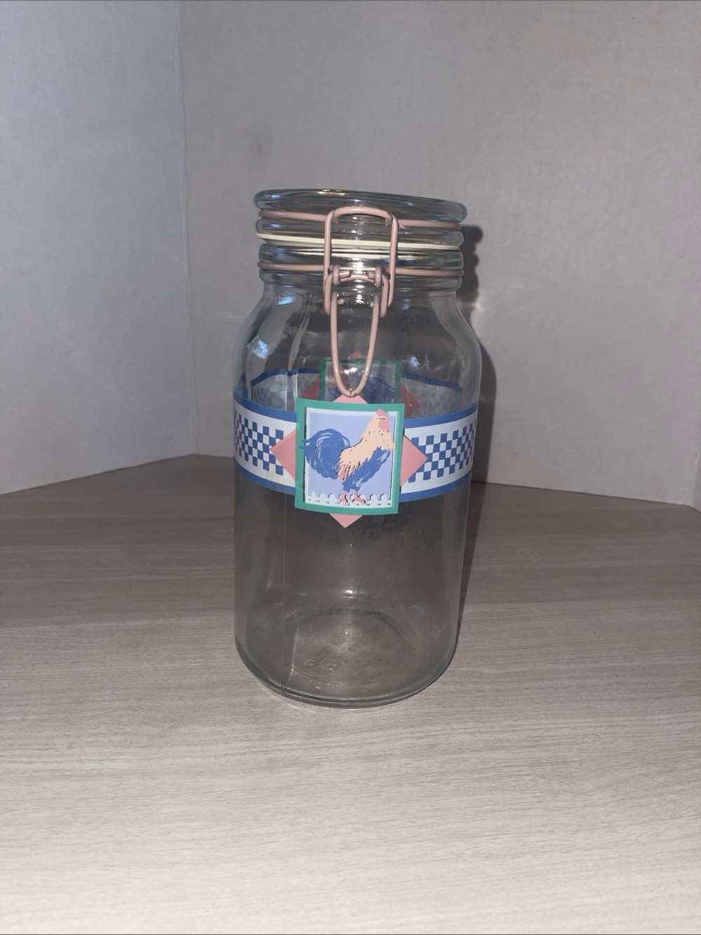 Vintage Hallmark Glass clamp top canister With Rooster.  Cottagecore Granny core